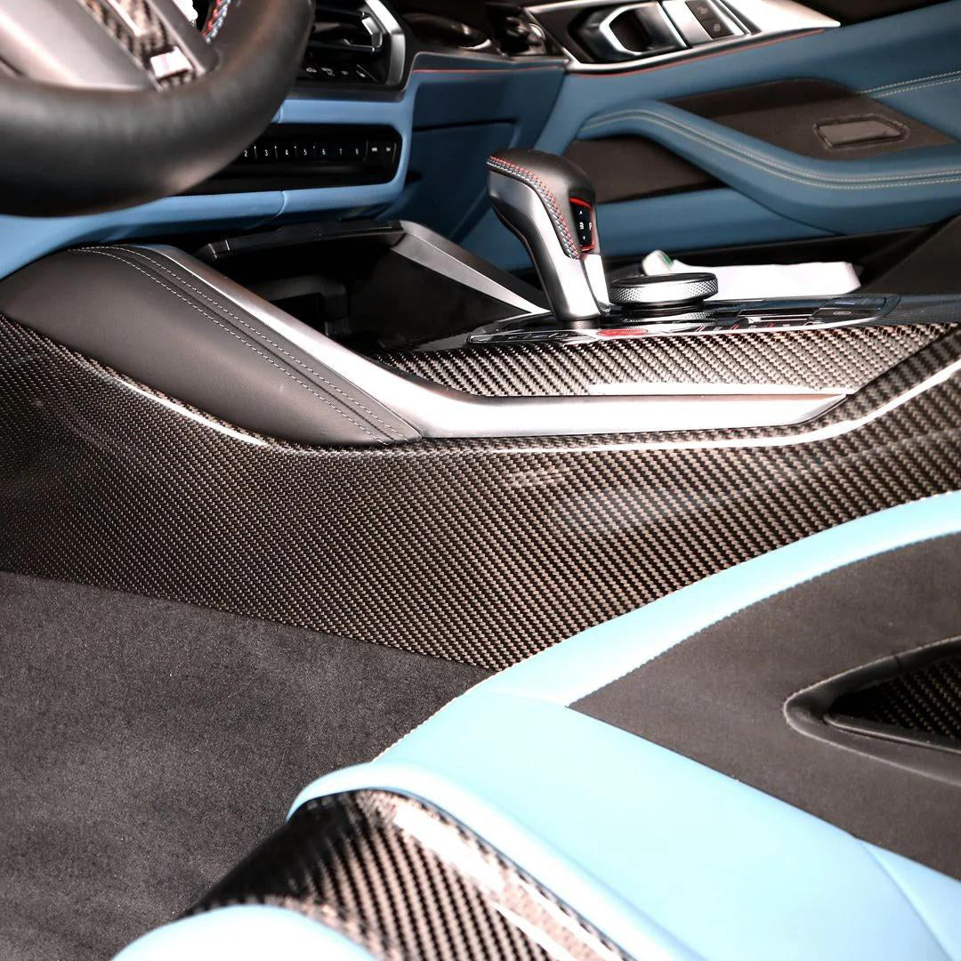 Center Console Side Panel Set in dry carbon fiber for the BMW G80 M3 / G82 M4 / G87 M2, fitted
