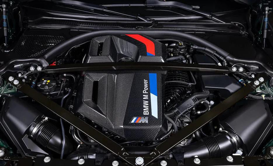 M Power Type Engine Cover in dry carbon fiber for the BMW G80 M3 / G82 M4 / G87 M2, fitted