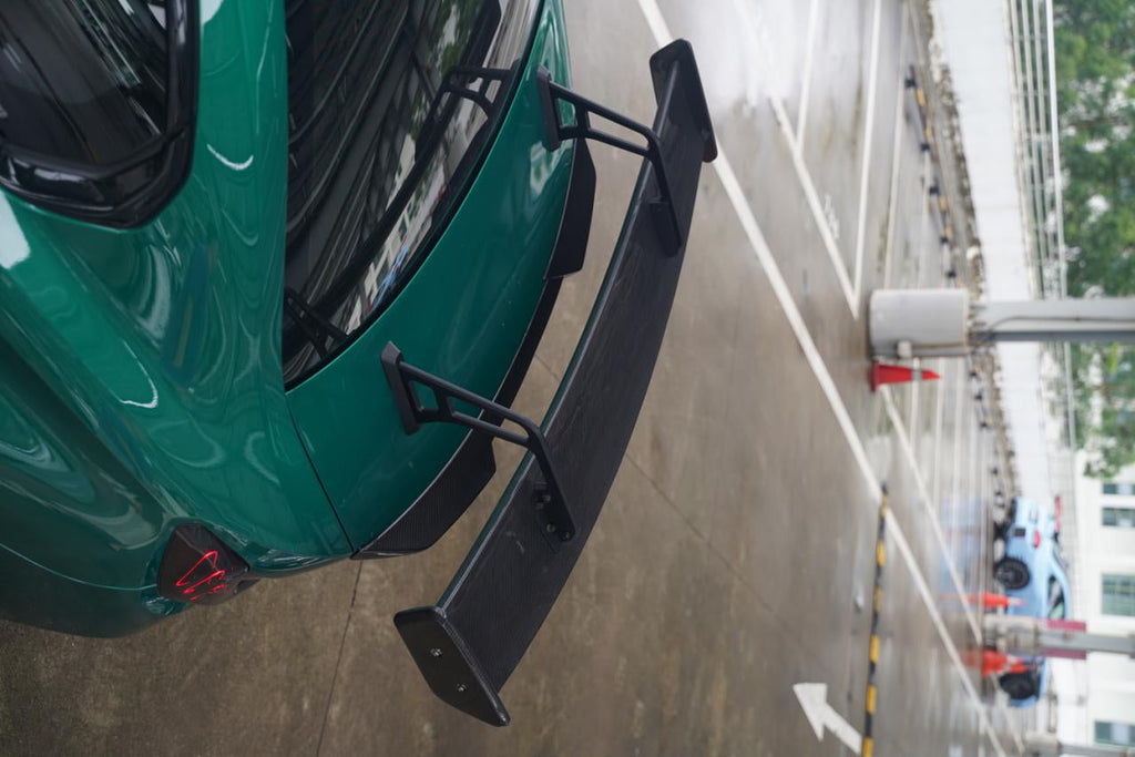 Max Type LED Lighted Rear Spoiler (With Mounting Base) in dry carbon fiber for the BMW G80 M3 / G82 M4 / G87 M2, fitted