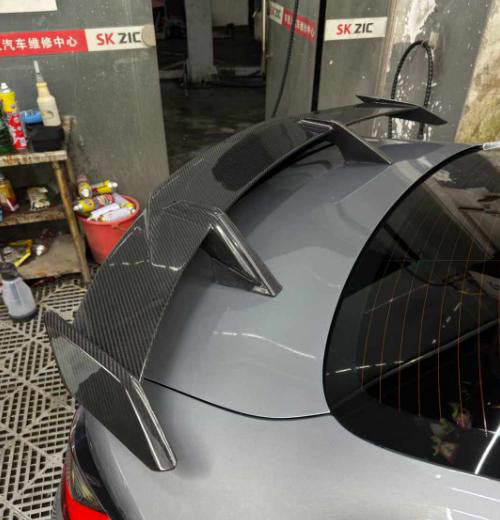 MP Type Rear Spoiler (With Mounting Base) in dry carbon fiber for the BMW G80 M3 / G82 M4 / G87 M2, fitted