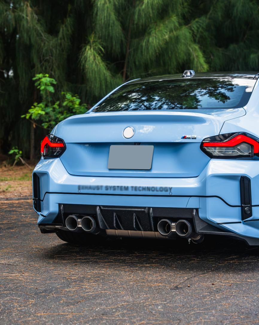 R44 Type Rear Diffuser in dry carbon fiber for the BMW G87 M2, fitted