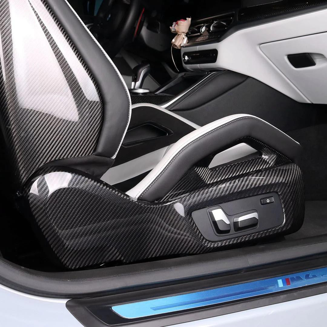 Seat Side Trim in dry carbon fiber for the BMW G80 M3 / G82 M4 / G87 M2, fitted