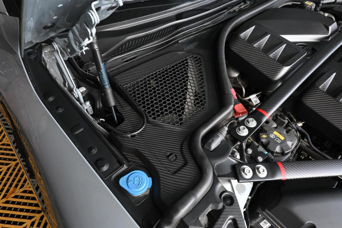 Top Corner Panel Covers in dry carbon fiber for the BMW G80 M3 / G82 M4, fitted